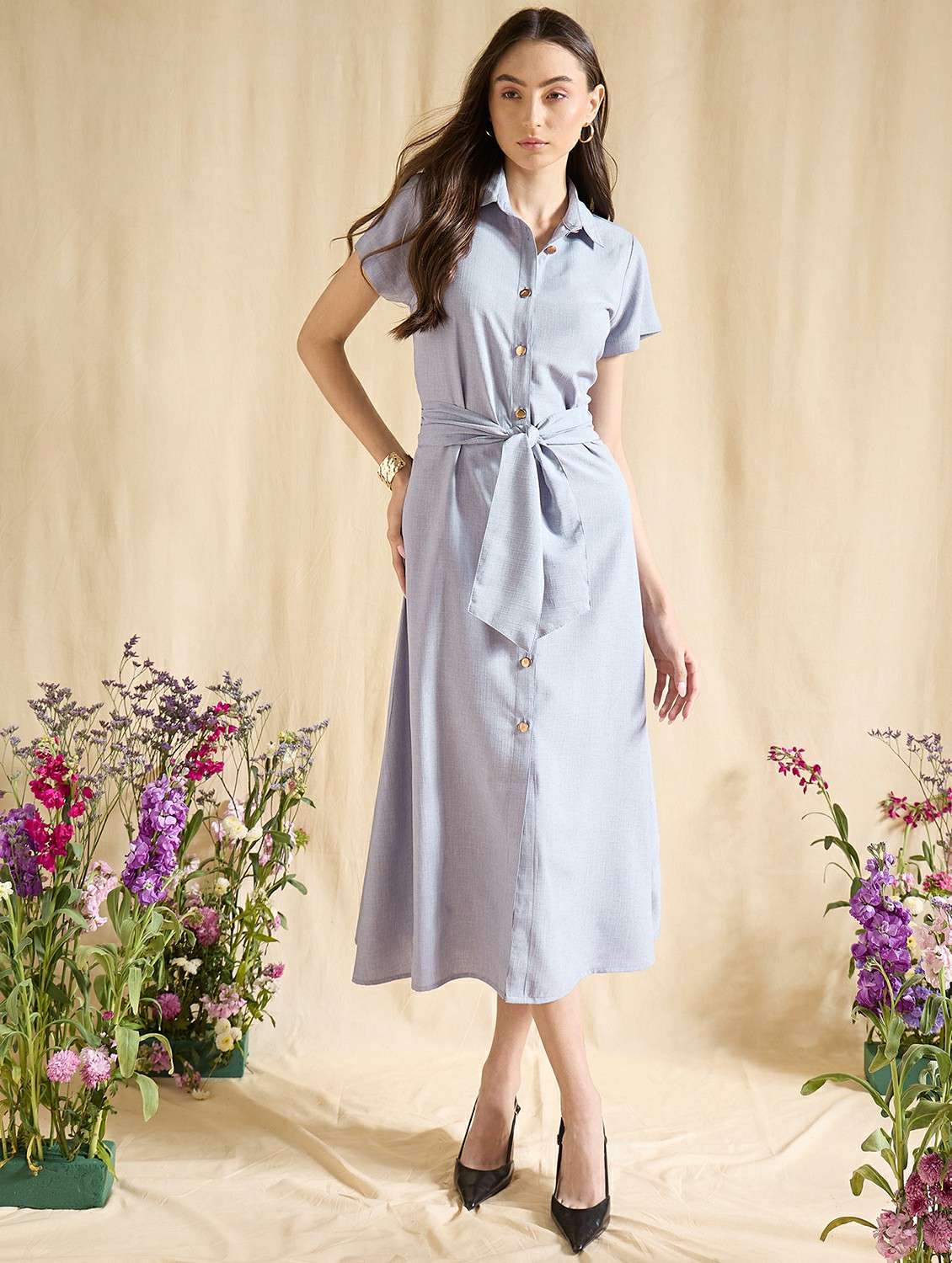 women solid short sleeve shirt dress