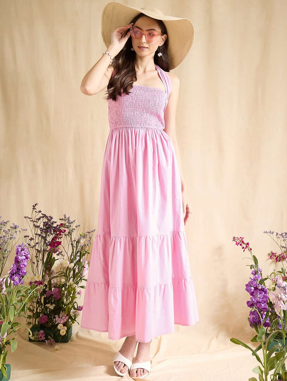 women solid sleeveless tiered dress