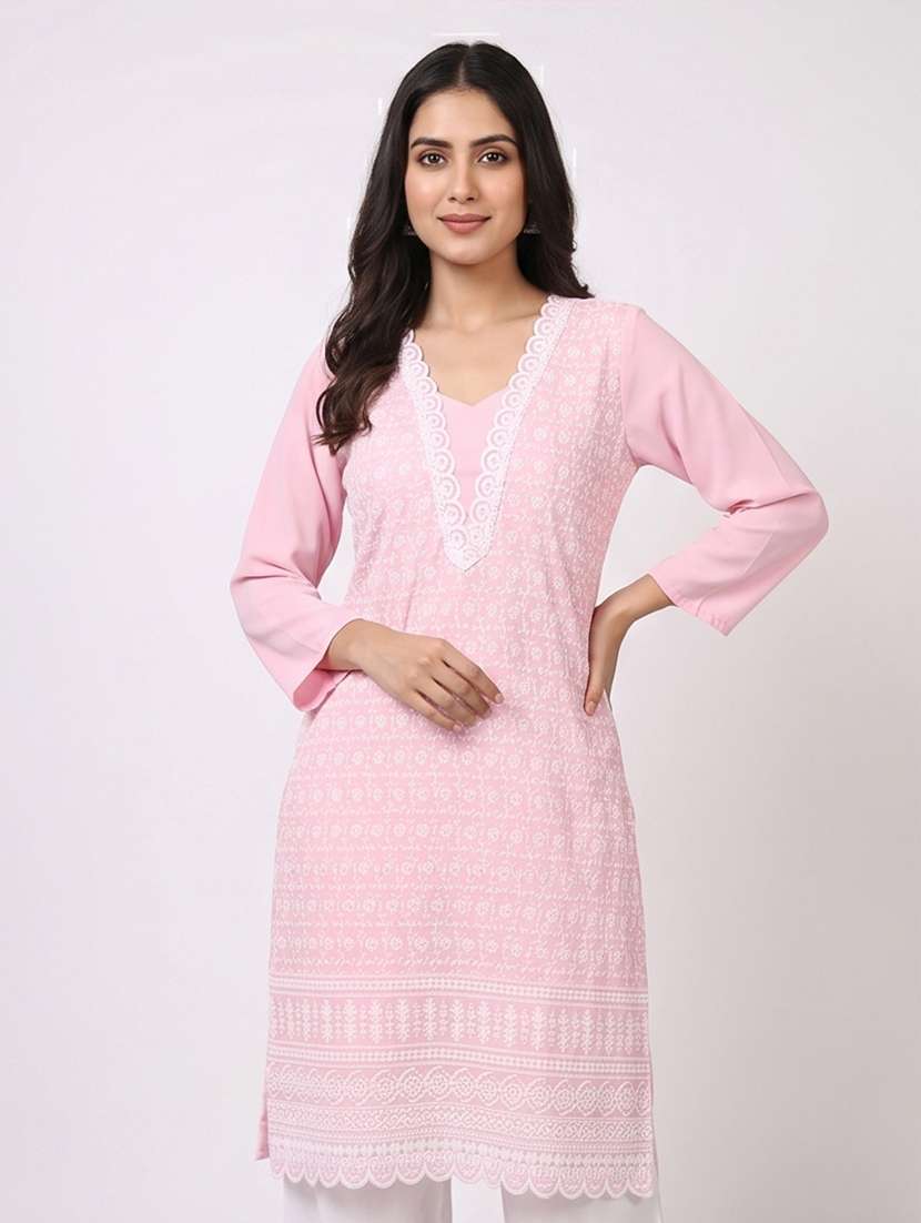 women embroidered three quarter sleeves straight kurta