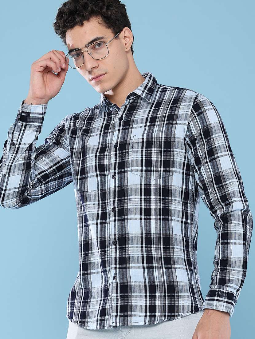 men checkered long sleeve slim fit casual shirt