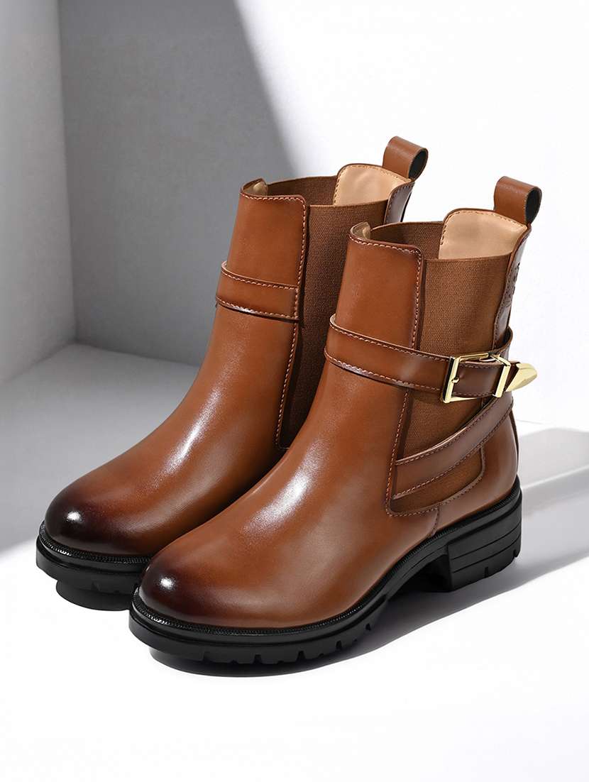 women leatherette brown high ankle slip-on boots