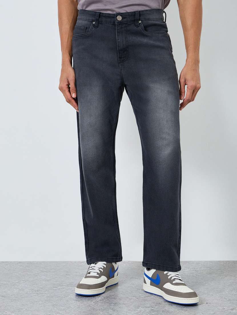 men washed mid rise full length straight fit jeans
