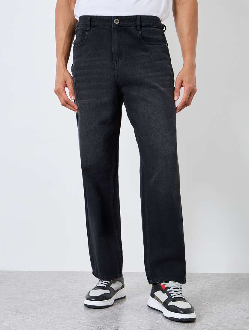 men washed mid rise full length straight jeans