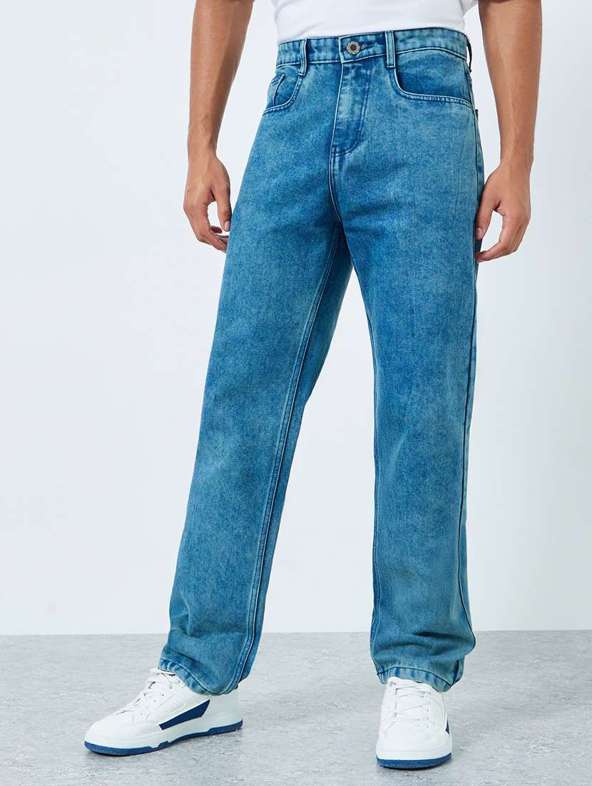 men washed mid rise full length straight jeans