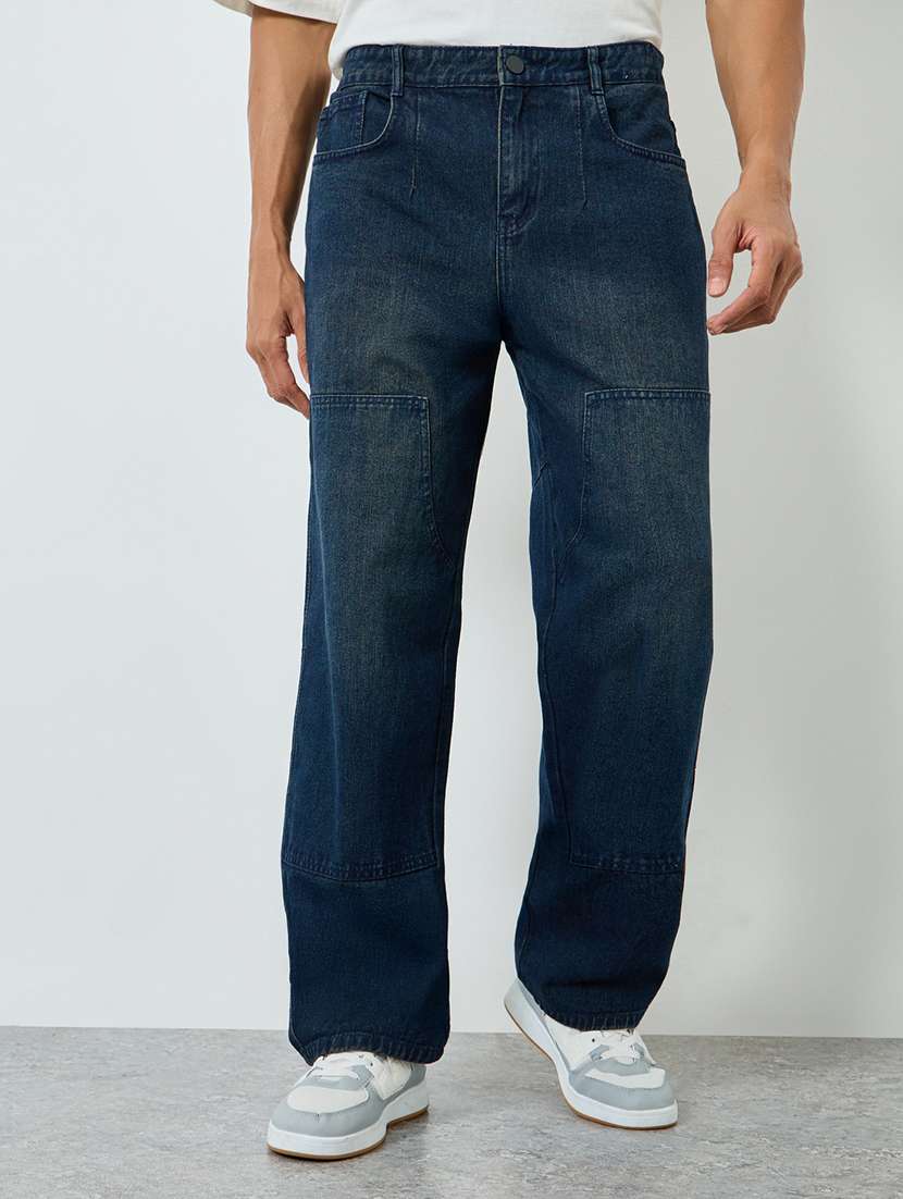 men washed mid rise full length straight jeans