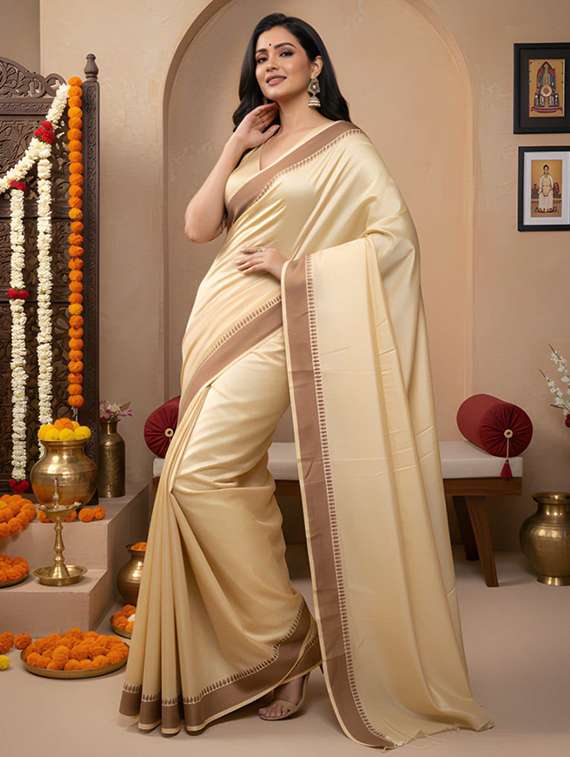 women solid with bordered saree with blouse - 22395028 -  Standard Image - 2