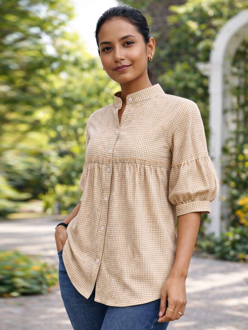 women checkered puff sleeve a-line top - 22395114 -  Standard Image - 2