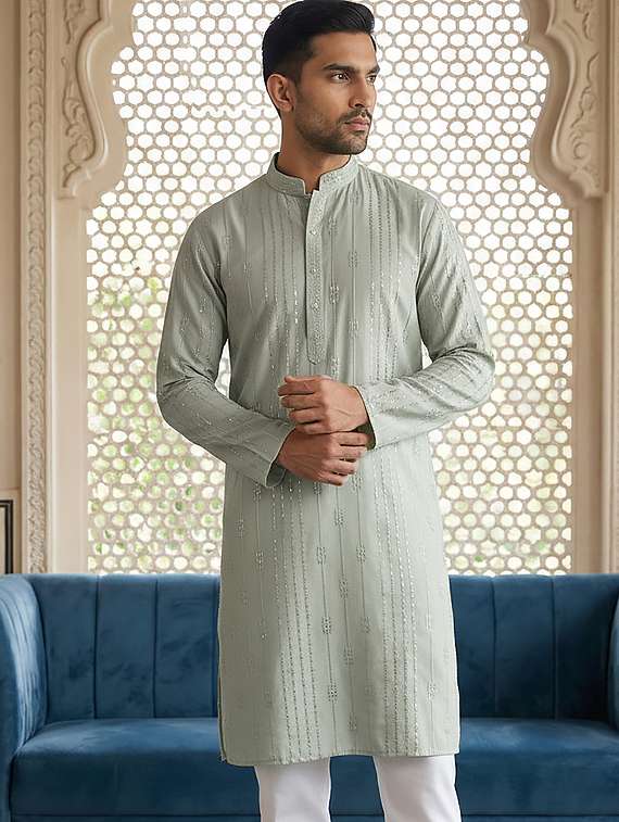 men solid with work mandarin neck long kurta - 22395533 -  Standard Image - 2
