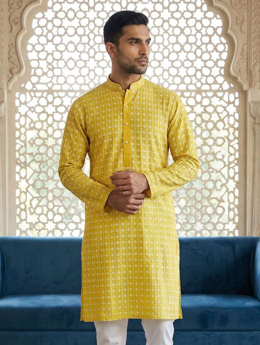men solid with work mandarin neck long kurta - 22395534 -  Standard Image - 2