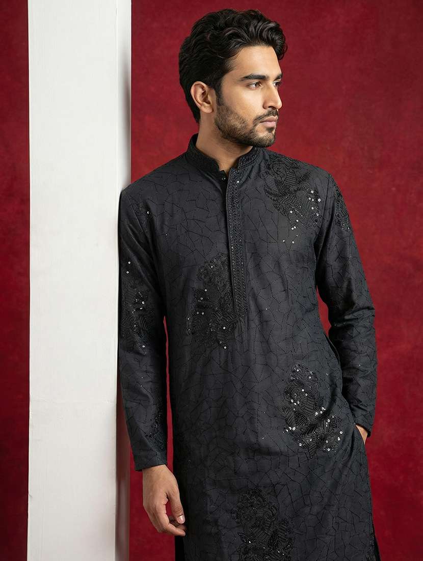 men solid with work mandarin neck long kurta - 22395535 -  Standard Image - 2