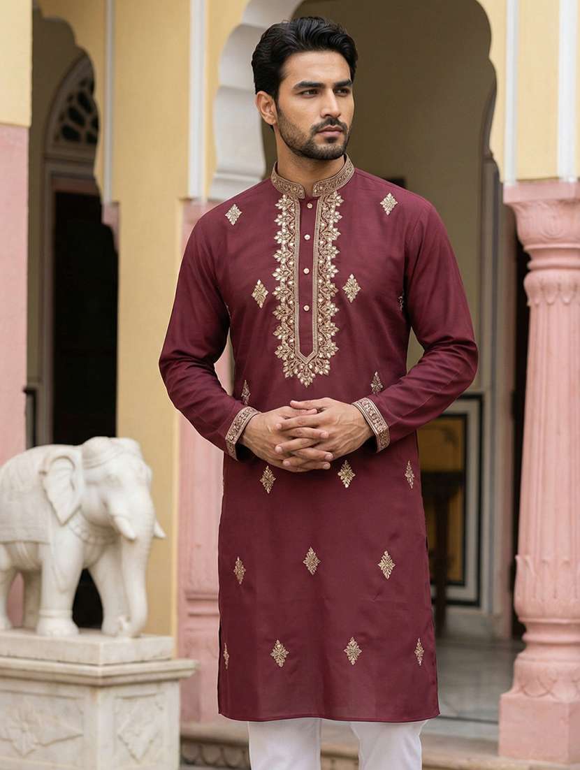 men solid with work mandarin neck long kurta - 22395537 -  Standard Image - 2