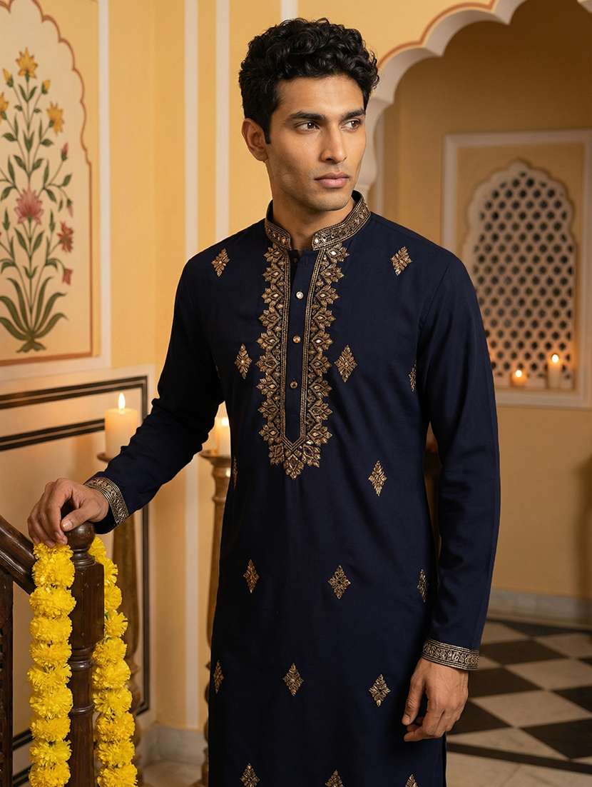 men solid with work mandarin neck long kurta - 22395538 -  Standard Image - 2