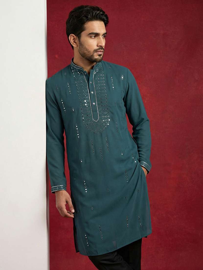 men solid with work mandarin neck long kurta - 22395539 -  Standard Image - 2