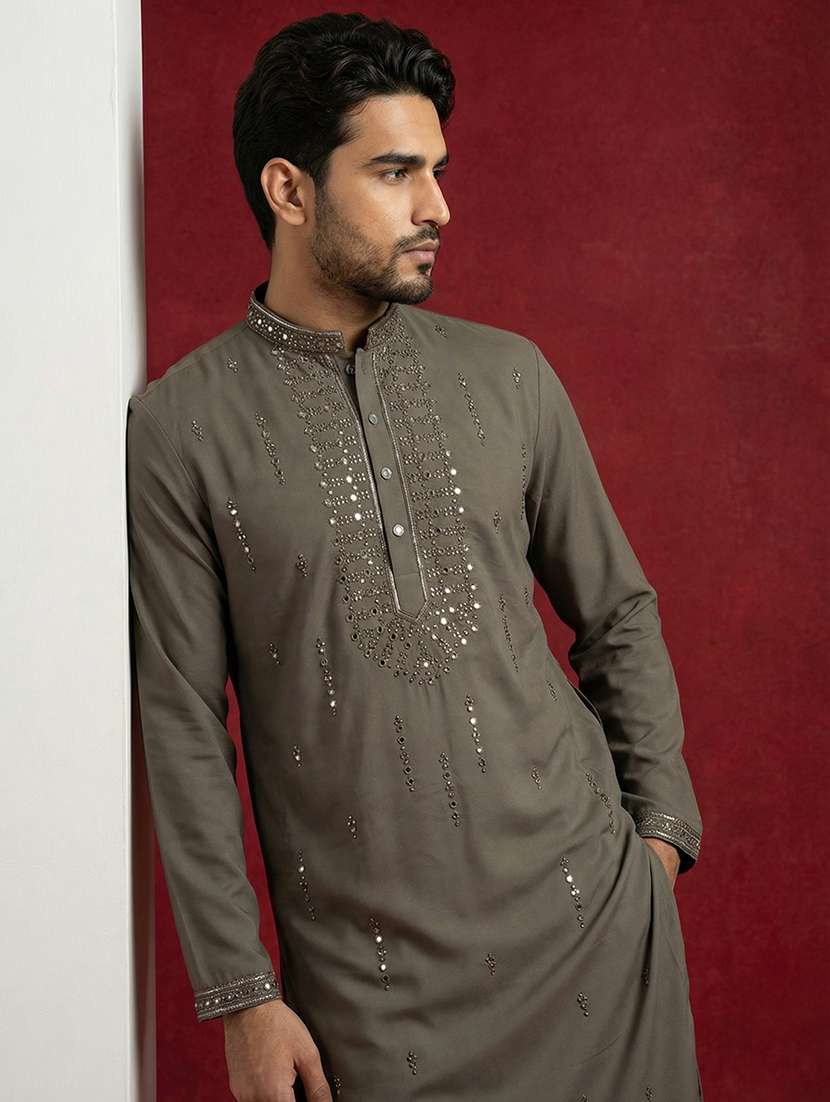 men solid with work mandarin neck long kurta - 22395540 -  Standard Image - 2