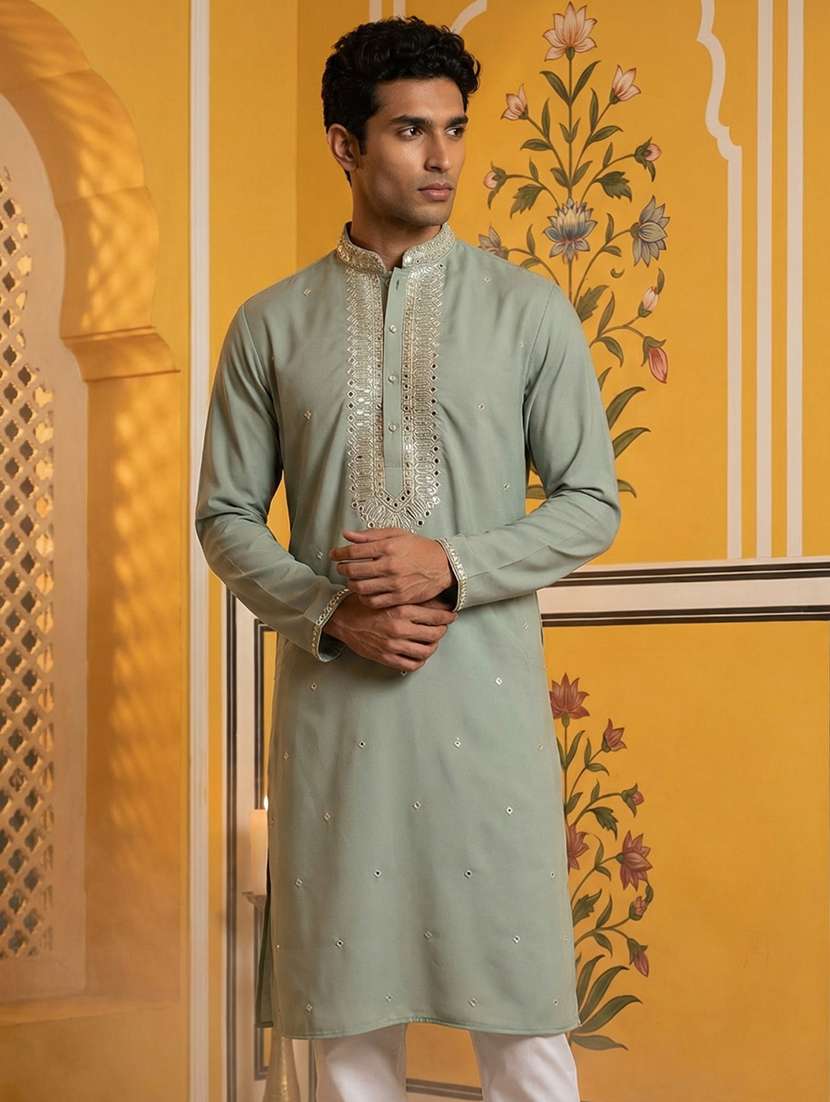 men solid with work mandarin neck long kurta - 22395541 -  Standard Image - 2
