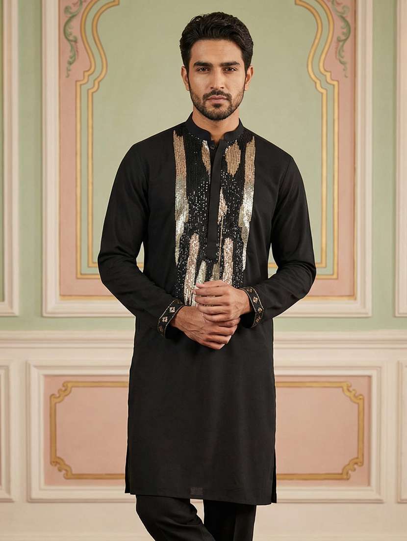 men solid with work mandarin neck long kurta - 22395543 -  Standard Image - 2