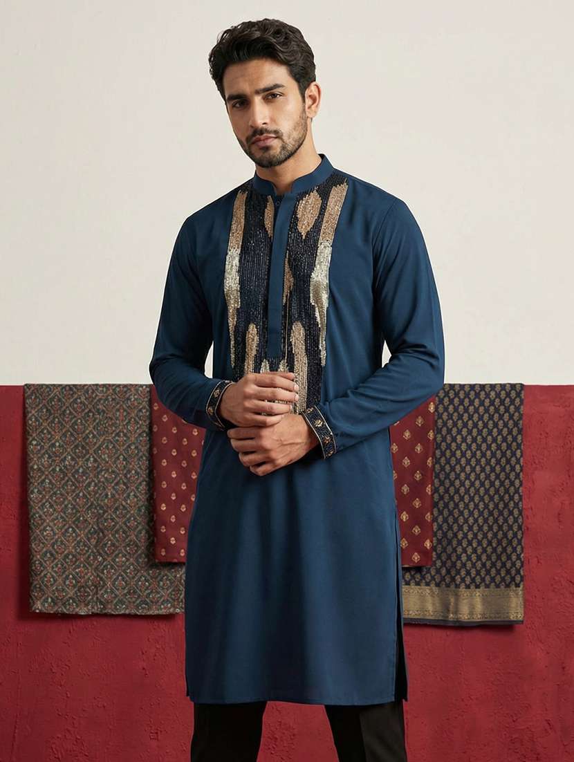 men solid with work mandarin neck long kurta - 22395544 -  Standard Image - 2