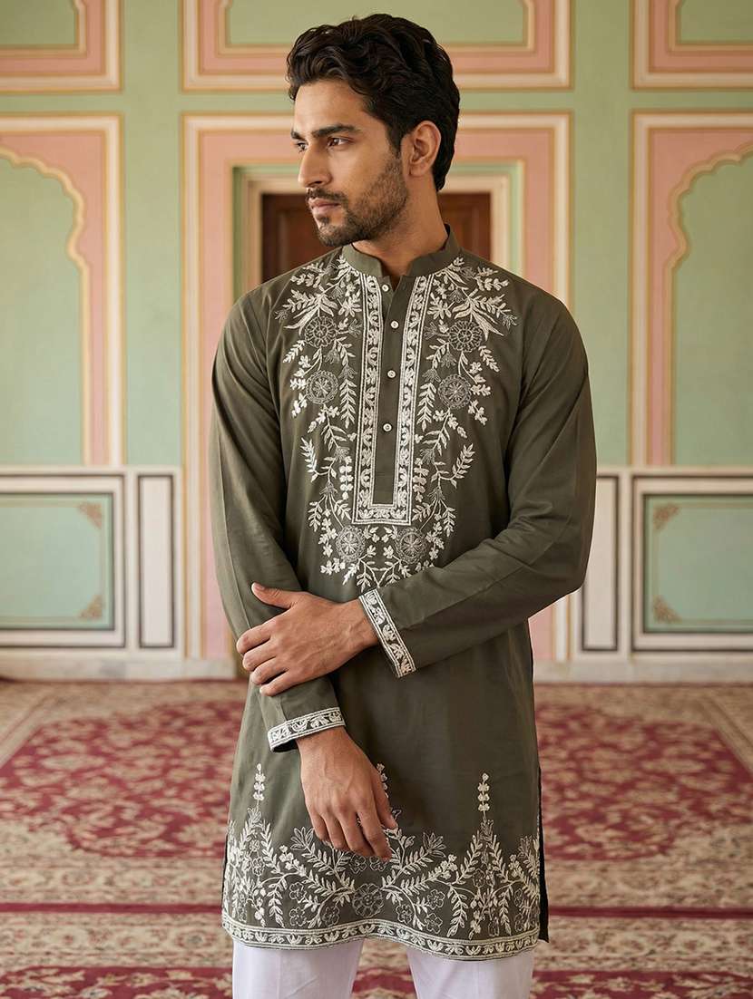 men solid with work mandarin neck long kurta - 22395545 -  Standard Image - 2