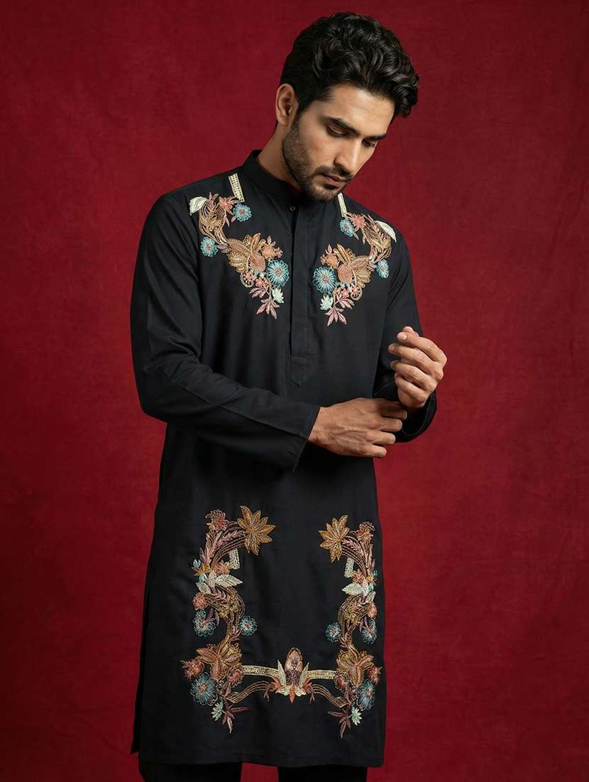 men solid with work mandarin neck long kurta - 22395547 -  Standard Image - 2