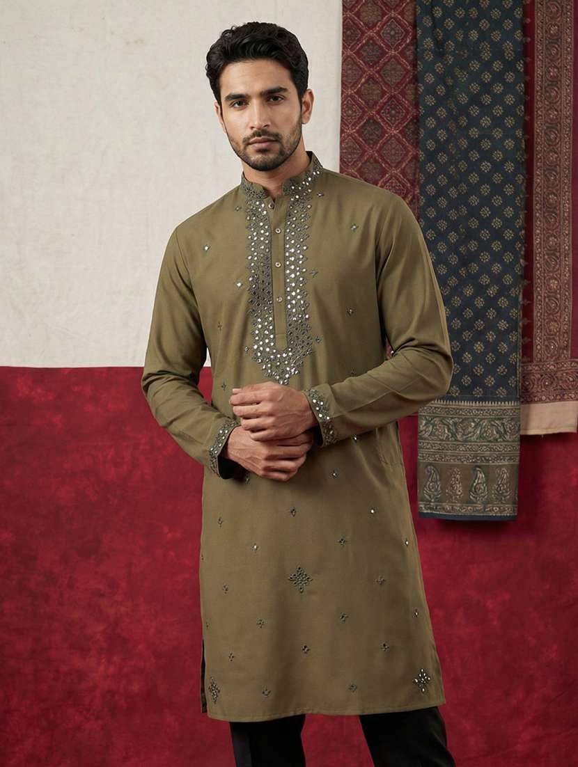 men solid with work mandarin neck long kurta - 22395548 -  Standard Image - 2