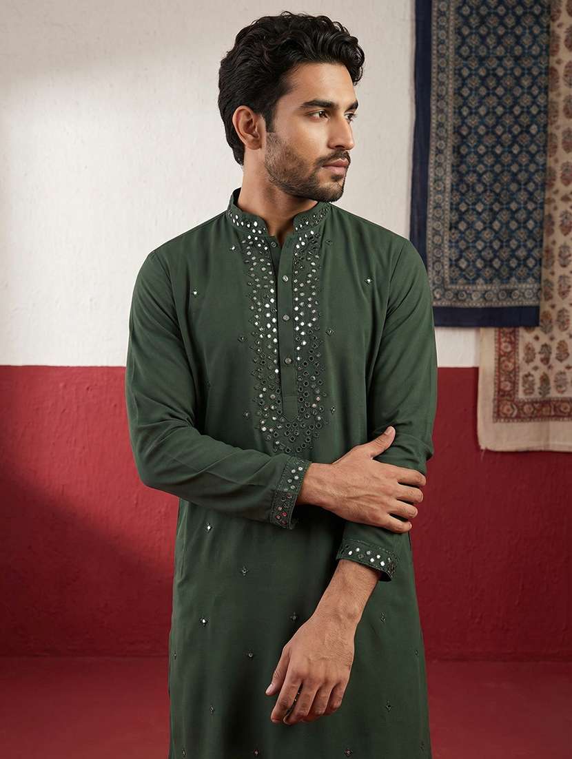 men solid with work mandarin neck long kurta - 22395549 -  Standard Image - 2