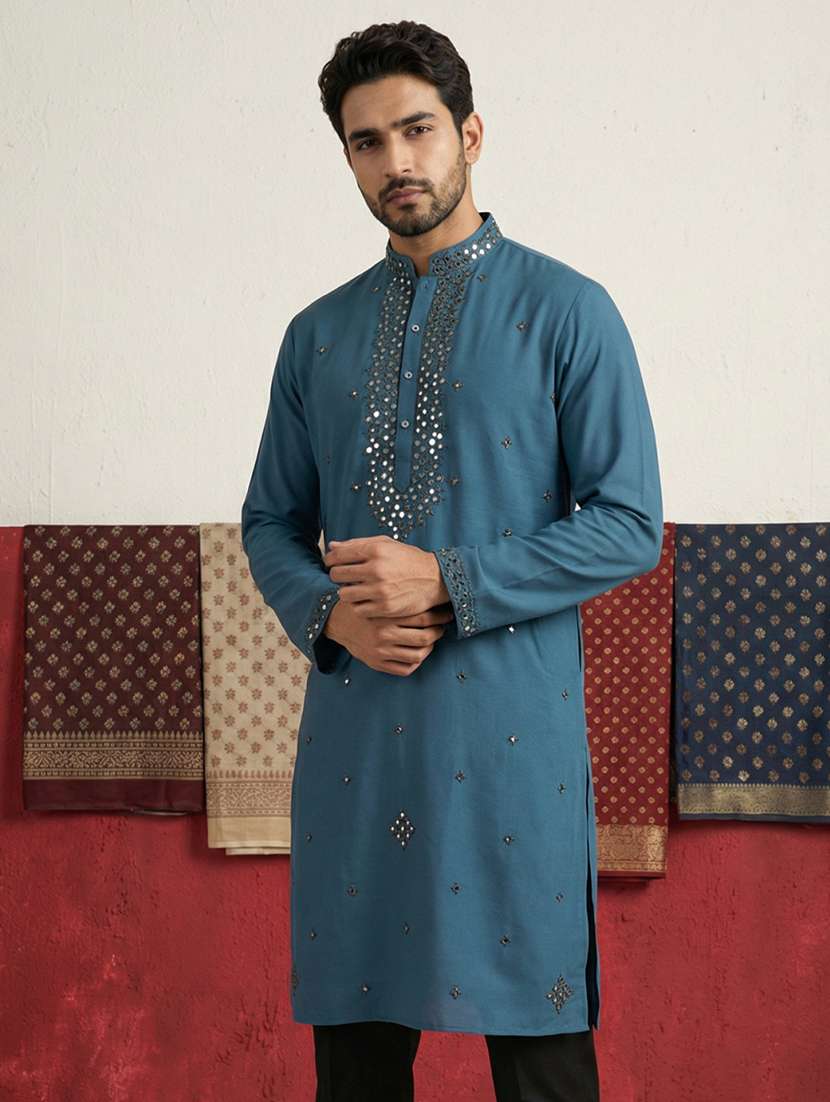 men solid with work mandarin neck long kurta - 22395550 -  Standard Image - 2