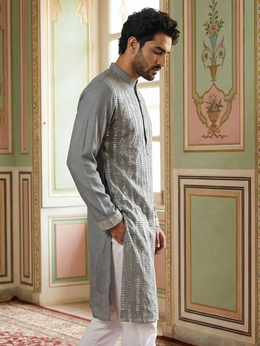 men solid with work mandarin neck long kurta - 22395551 -  Standard Image - 2
