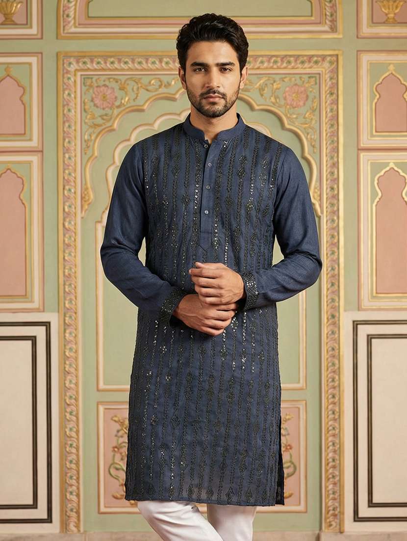 men solid with work mandarin neck long kurta - 22395552 -  Standard Image - 2