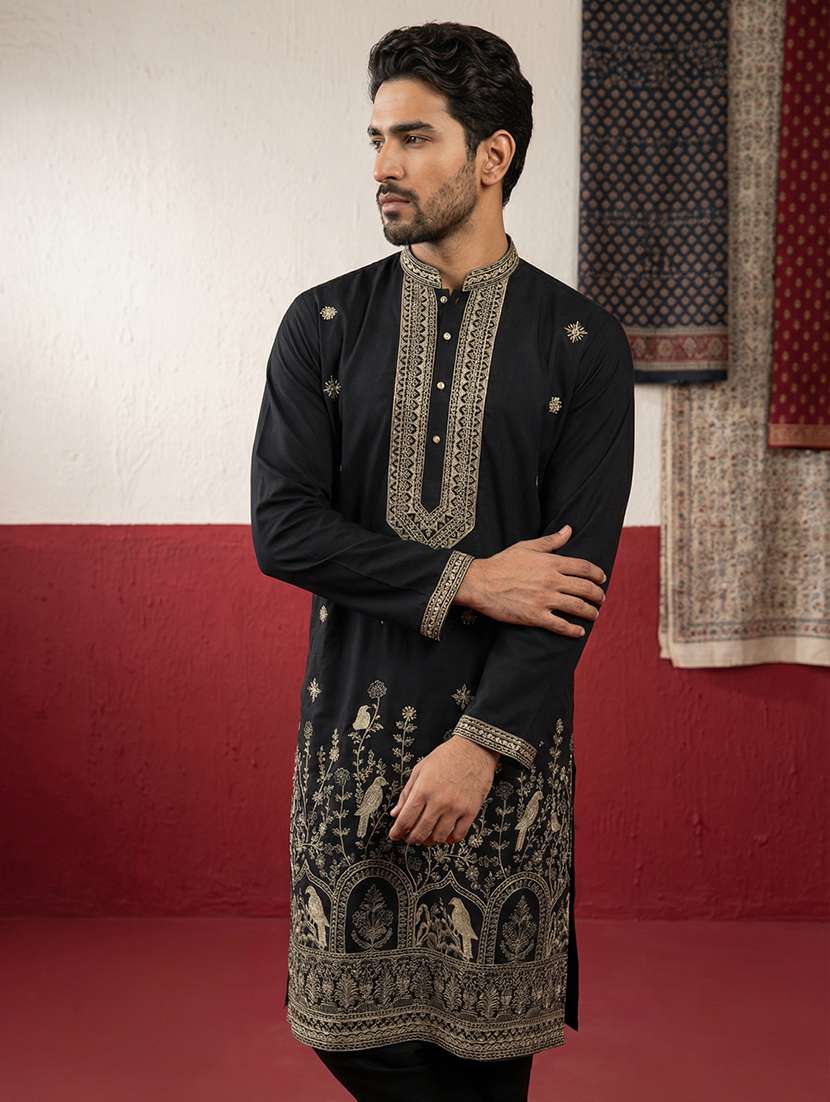 men solid with work mandarin neck long kurta - 22395555 -  Standard Image - 2