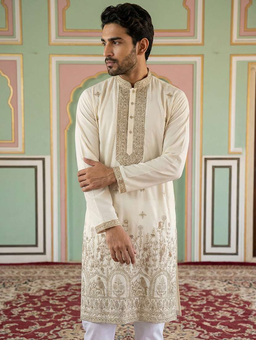 men solid with work mandarin neck long kurta - 22395556 -  Standard Image - 2