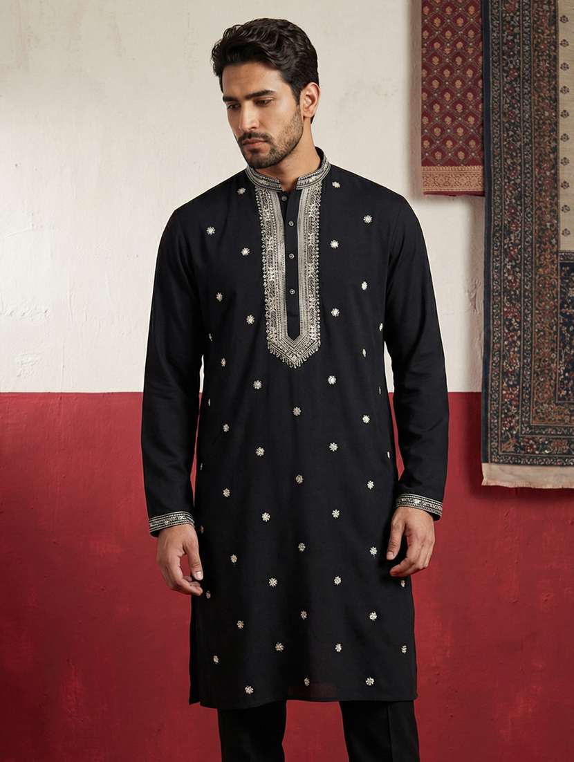 men solid with work mandarin neck long kurta - 22395557 -  Standard Image - 2