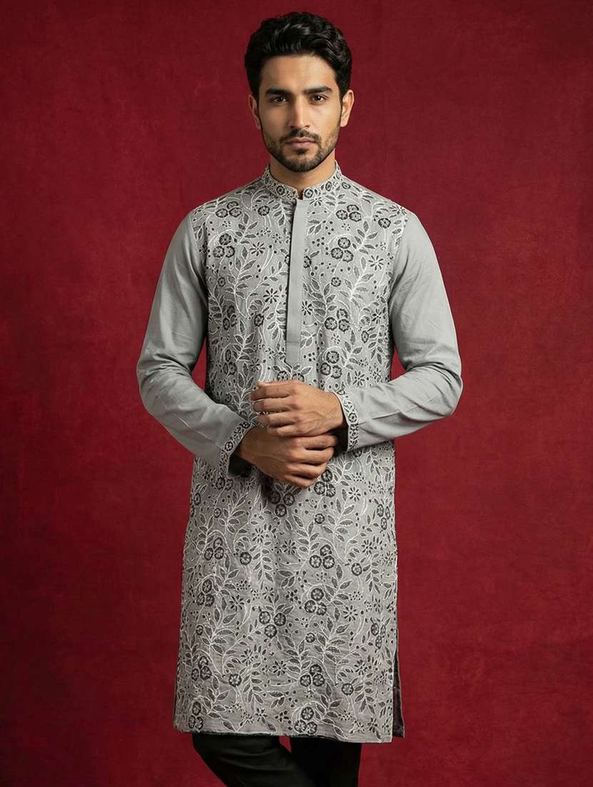 men solid with work mandarin neck long kurta - 22395558 -  Standard Image - 2
