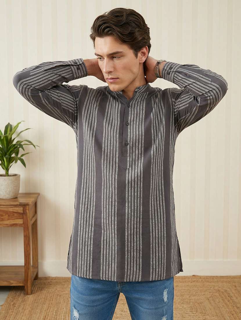 men striped mandarin neck short kurta - 22395560 -  Standard Image - 2