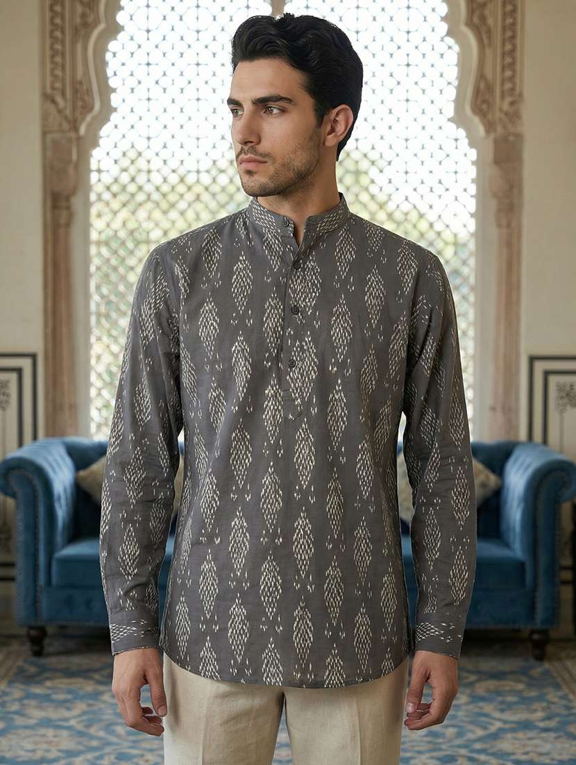 men printed mandarin neck short kurta - 22395564 -  Standard Image - 2