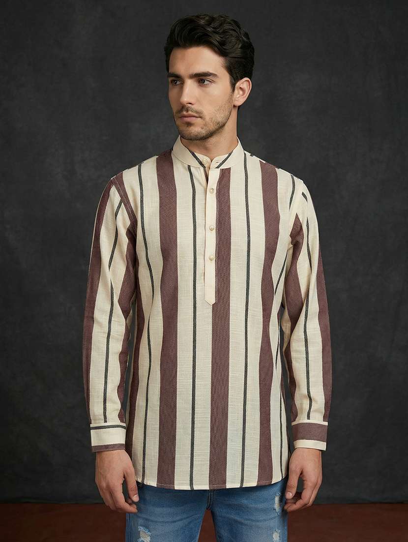 men striped mandarin neck short kurta - 22395565 -  Standard Image - 2