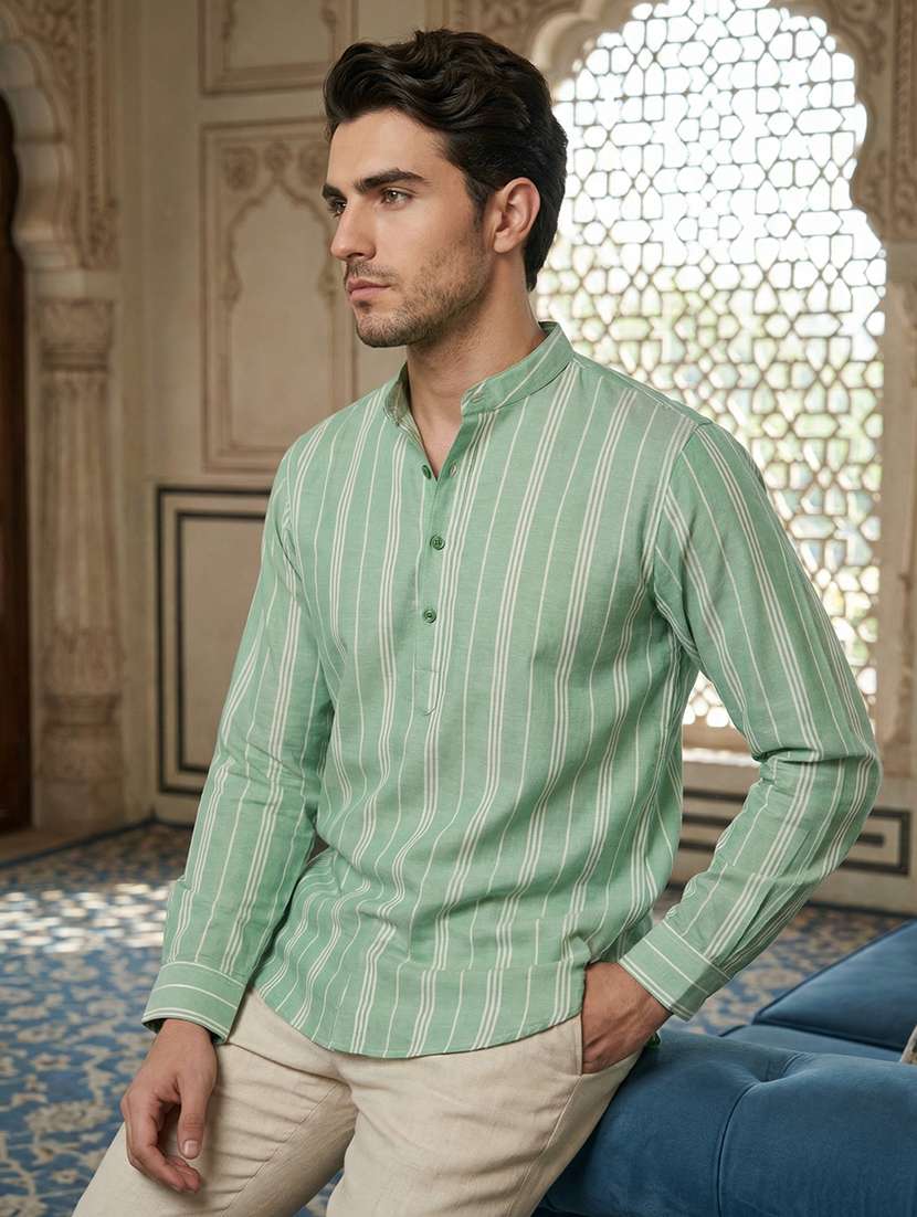 men striped mandarin neck short kurta - 22395566 -  Standard Image - 2