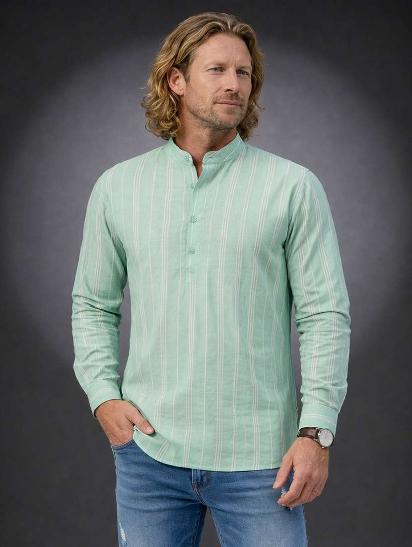 men striped mandarin neck short kurta - 22395567 -  Standard Image - 2