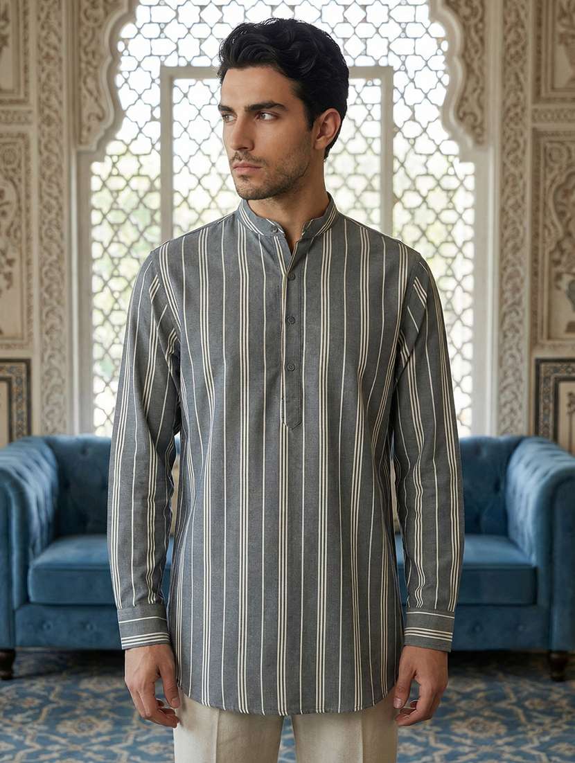 men striped mandarin neck short kurta - 22395568 -  Standard Image - 2