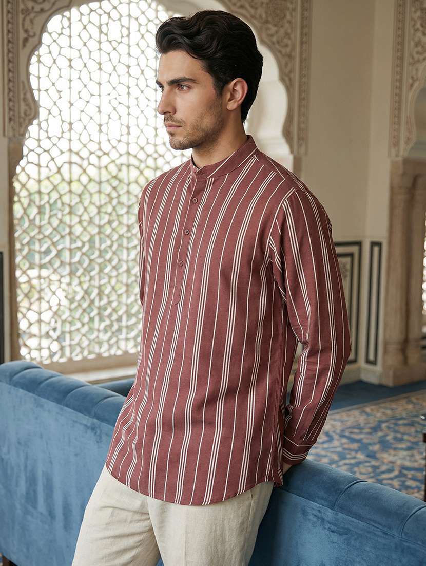 men striped mandarin neck short kurta - 22395569 -  Standard Image - 2