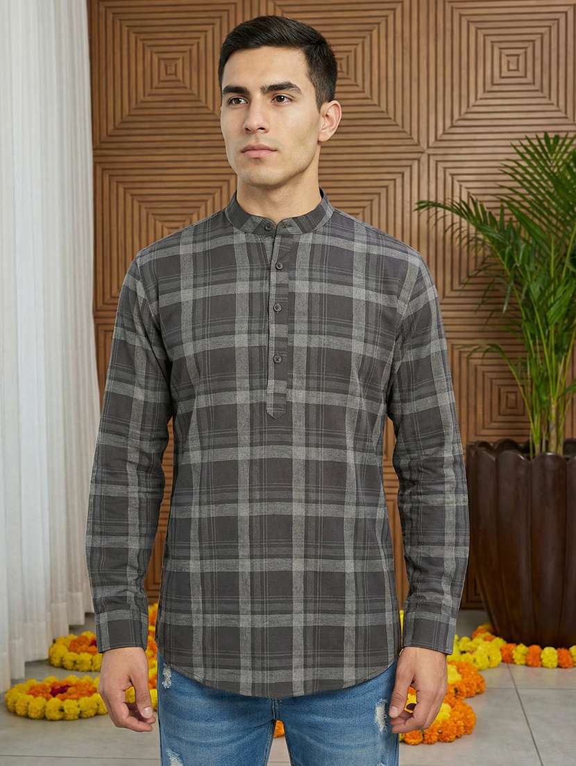 men checkered mandarin neck short kurta - 22395570 -  Standard Image - 2