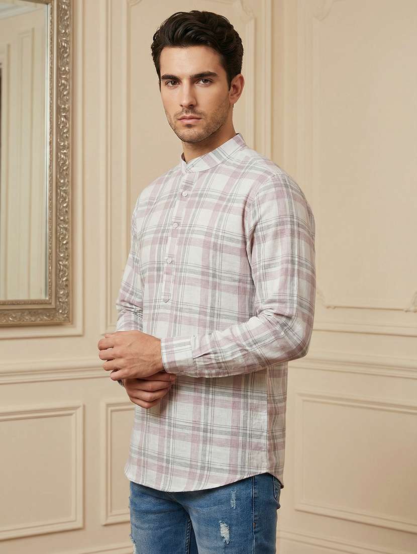 men checkered mandarin neck short kurta - 22395571 -  Standard Image - 2
