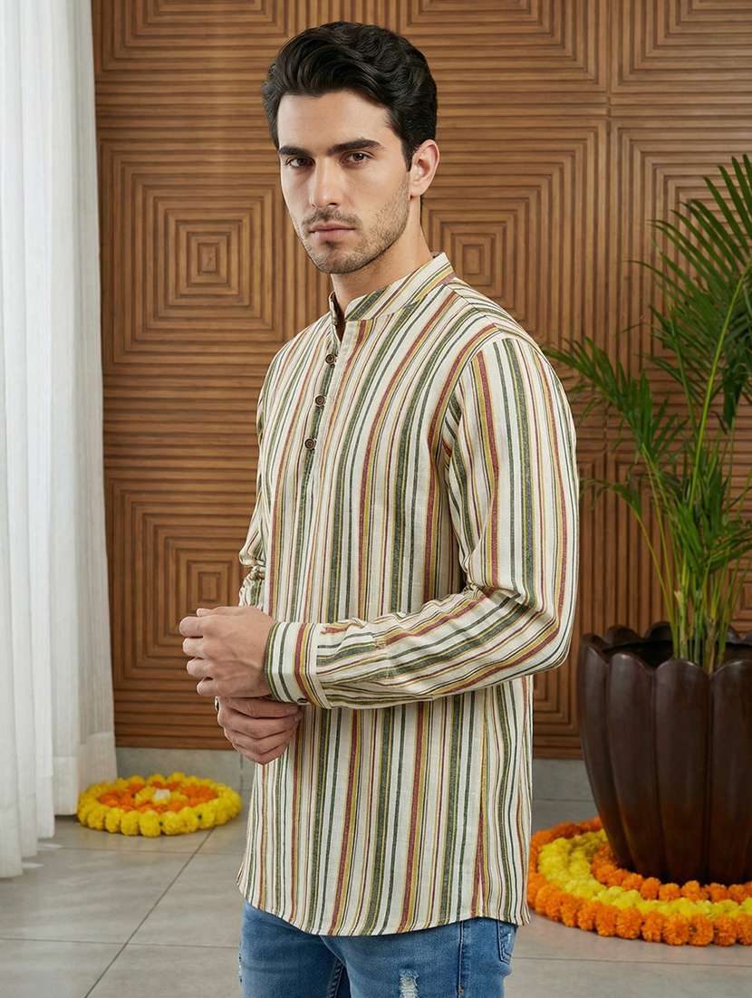 men striped mandarin neck short kurta - 22395574 -  Standard Image - 2