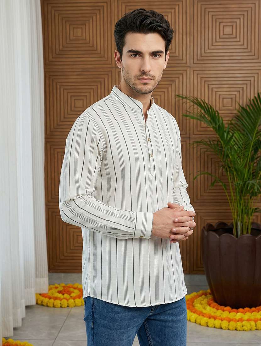 men striped mandarin neck short kurta - 22395576 -  Standard Image - 2
