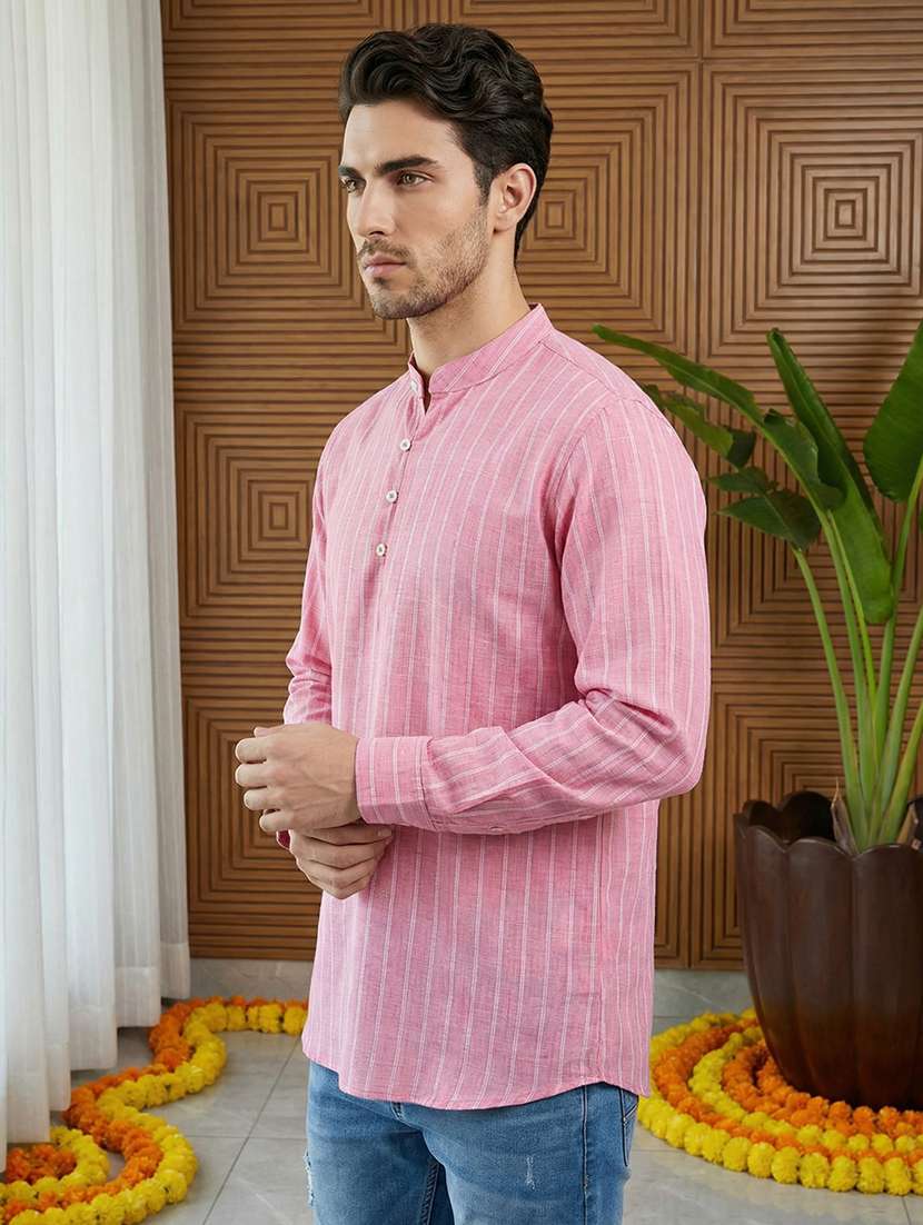 men striped mandarin neck short kurta - 22395577 -  Standard Image - 2
