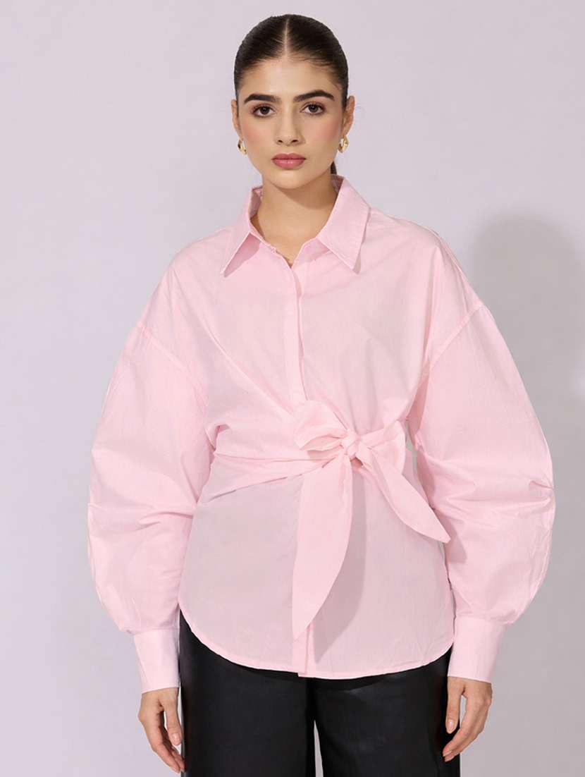 women collared puff sleeve wrap style oversized shirt - 22396073 -  Standard Image - 2
