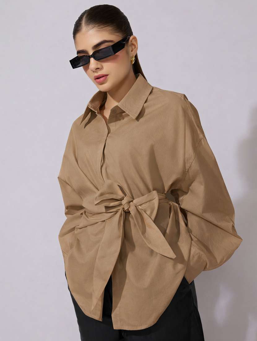 women collared puff sleeve wrap style oversized shirt