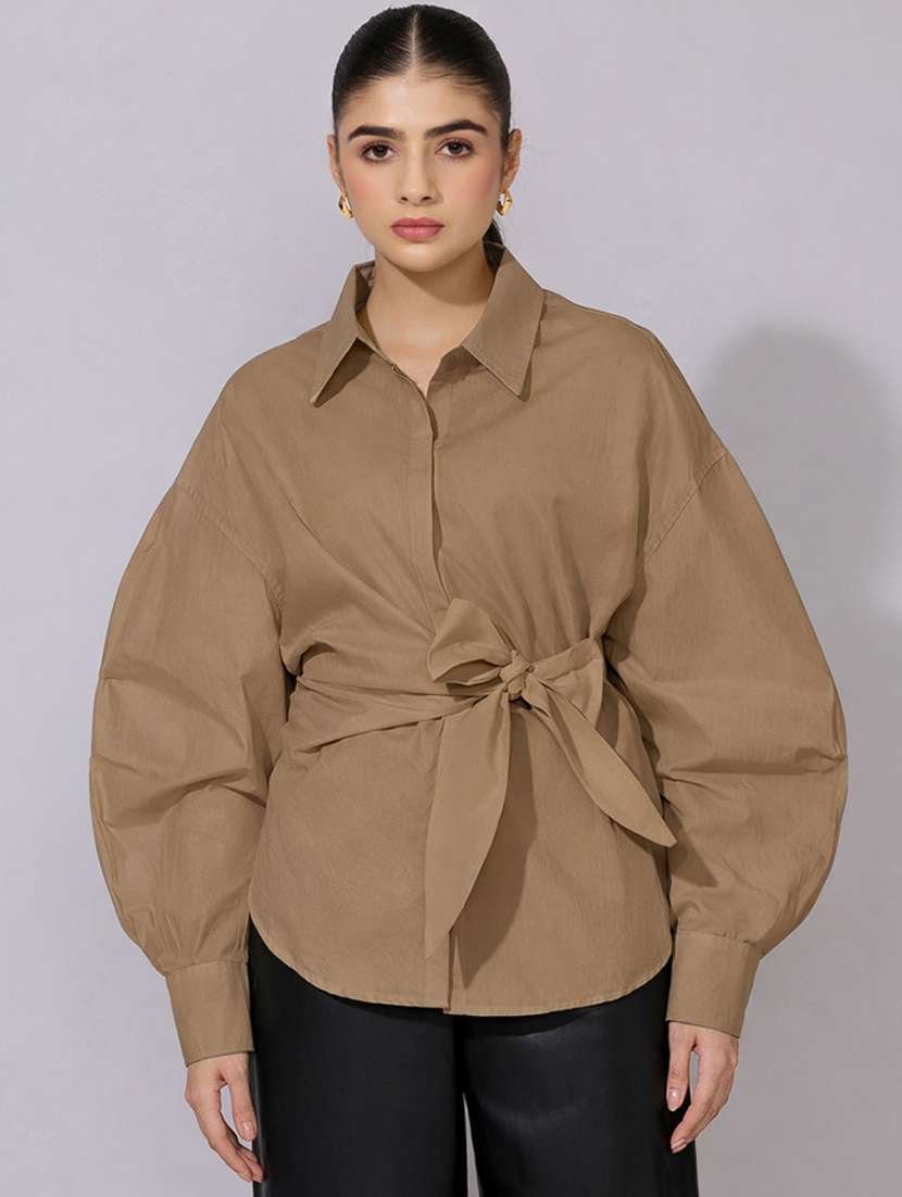 women collared puff sleeve wrap style oversized shirt - 22396074 -  Standard Image - 2