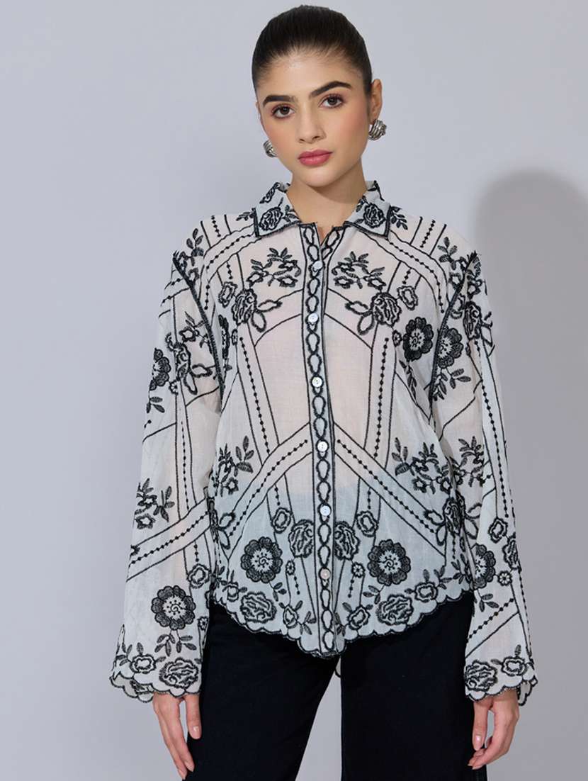 women embroidered collared long sleeve shirt - 22396076 -  Standard Image - 2