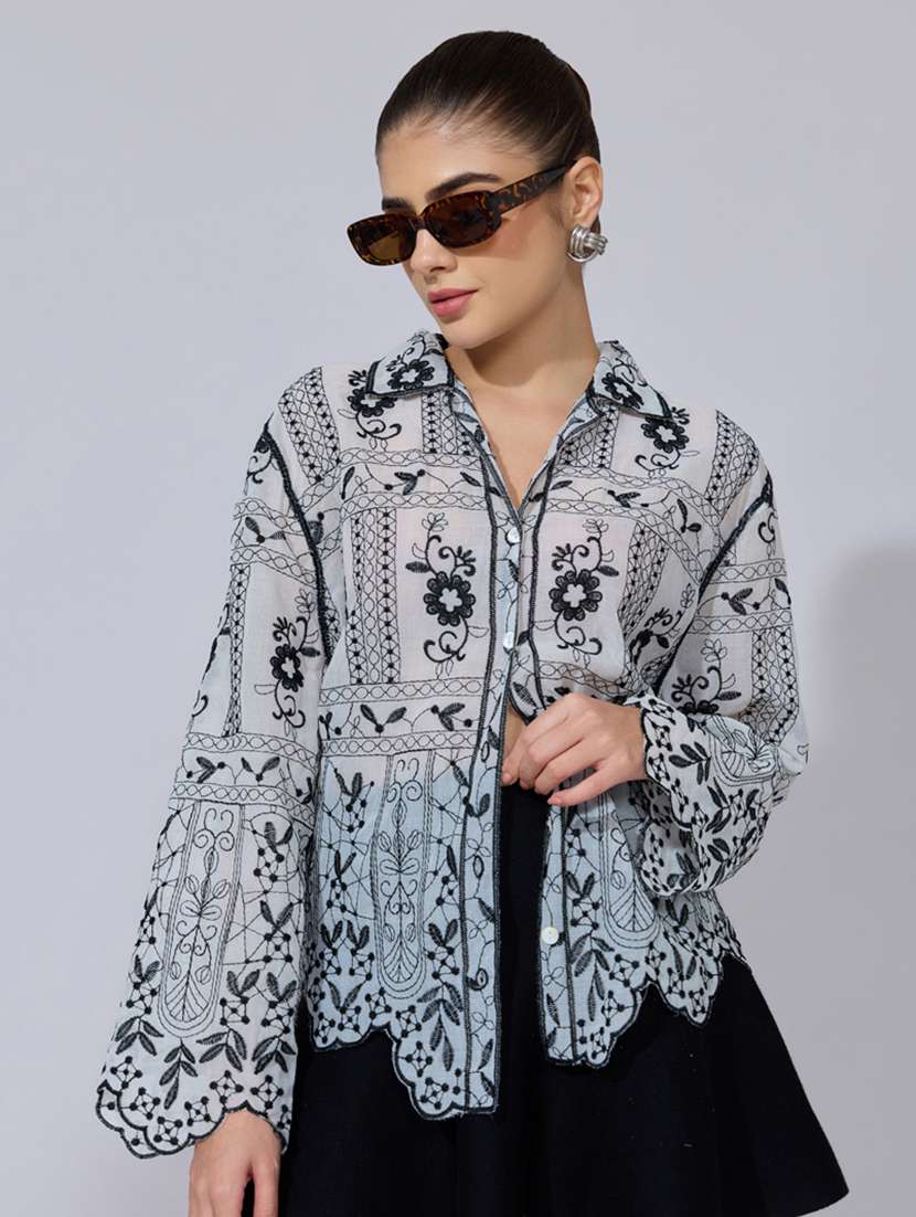 women embroidered collared long sleeve shirt