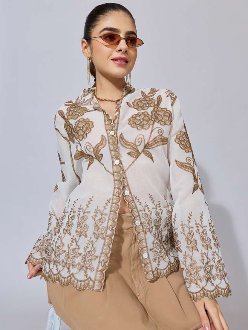 women embroidered collared long sleeve shirt